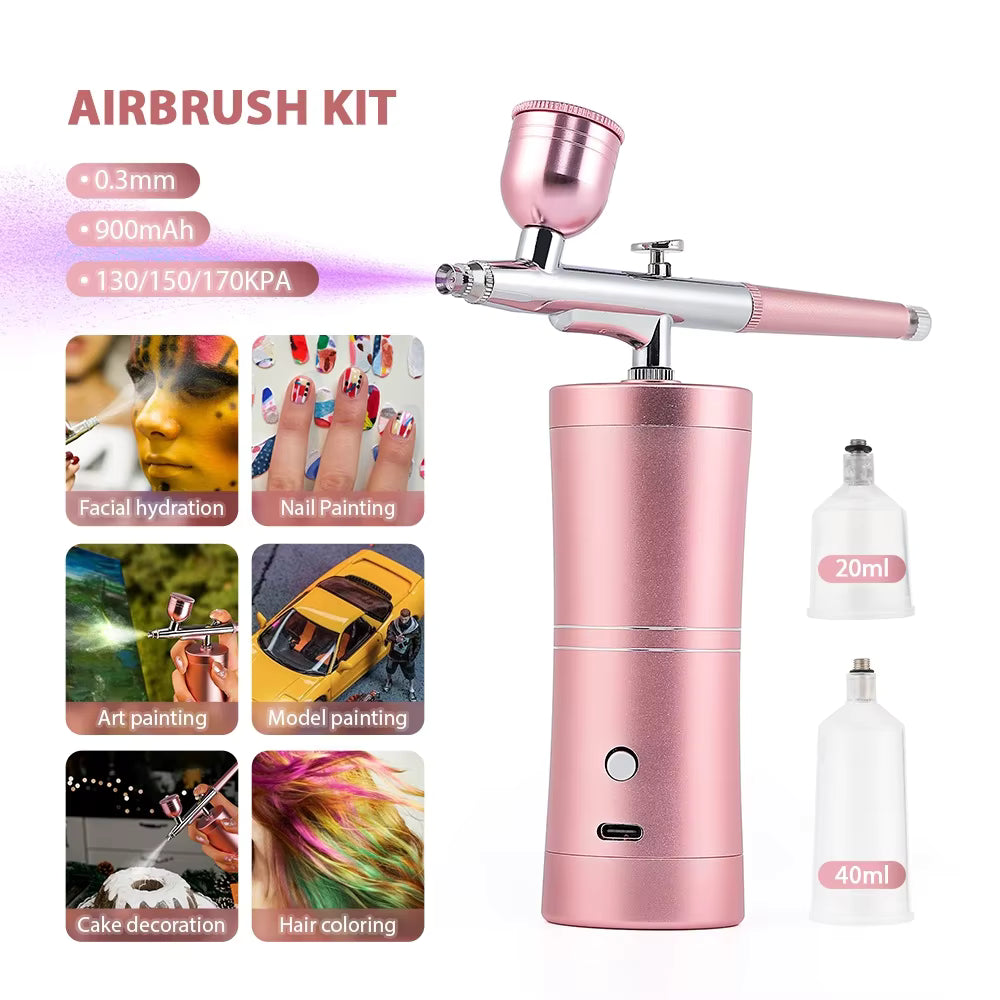 0.3mm Pink Mini Cordless Airbrush Kit with Compressor for Beauty, Nail Art & Crafts