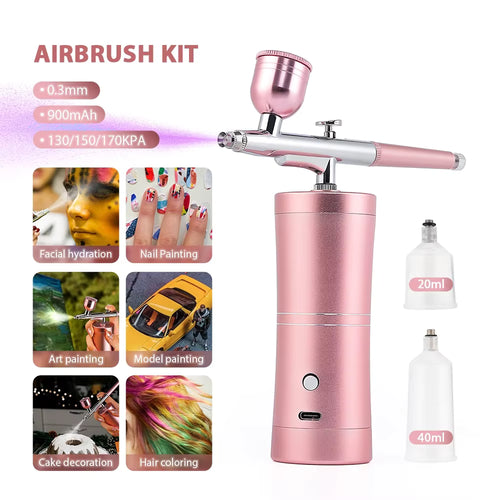 0.3mm Pink Mini Cordless Airbrush Kit with Compressor for Beauty, Nail Art & Crafts