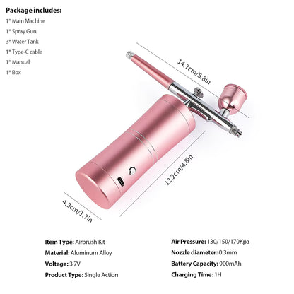 0.3mm Pink Mini Cordless Airbrush Kit with Compressor for Beauty, Nail Art & Crafts